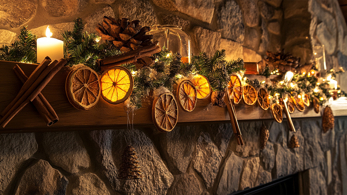 Weihnachtskranz mit getrockneten Orangen und Zimtstangen