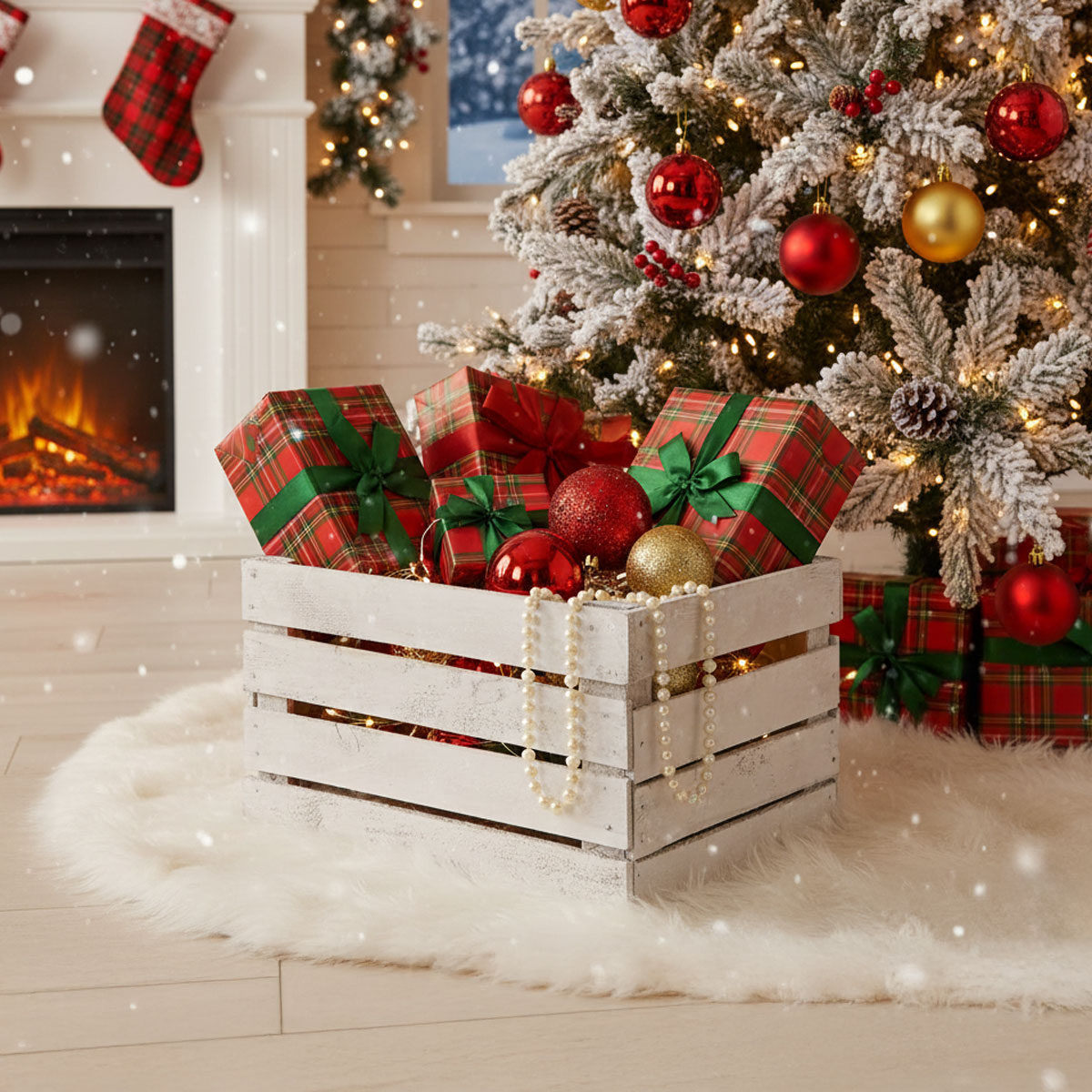 Caisse en bois remplie de cadeaux de Noël, boules et perles