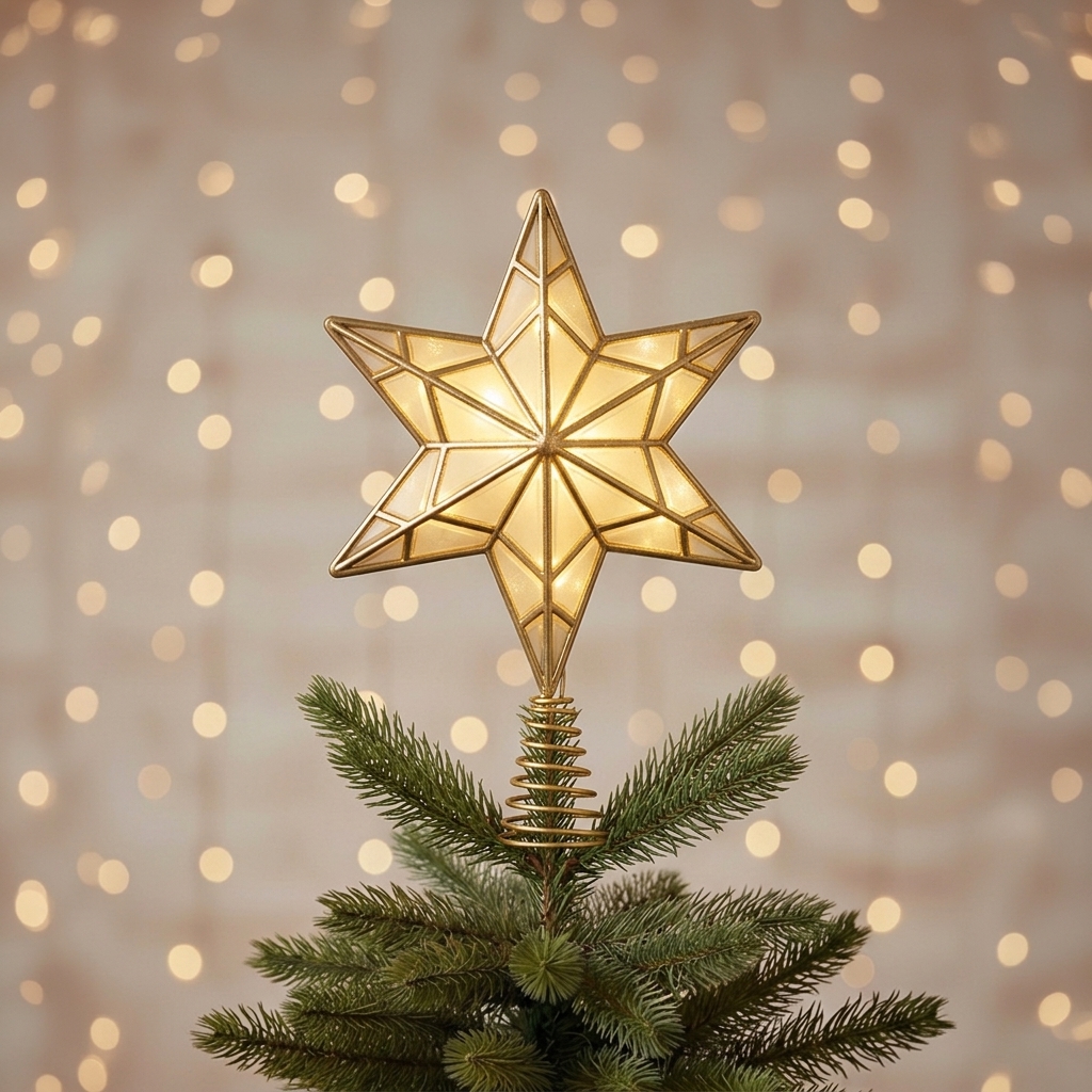 Cimier de Sapin en Étoile Dorée et Pailletée avec Éclairage Led