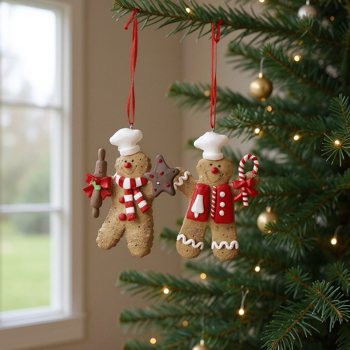 Deux ornements de bonhomme en pain d'épice sur un sapin de Noël
