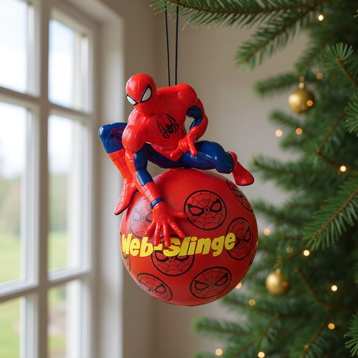Ornement de Noël Spiderman sur une boule rouge "Web-Slinger"
