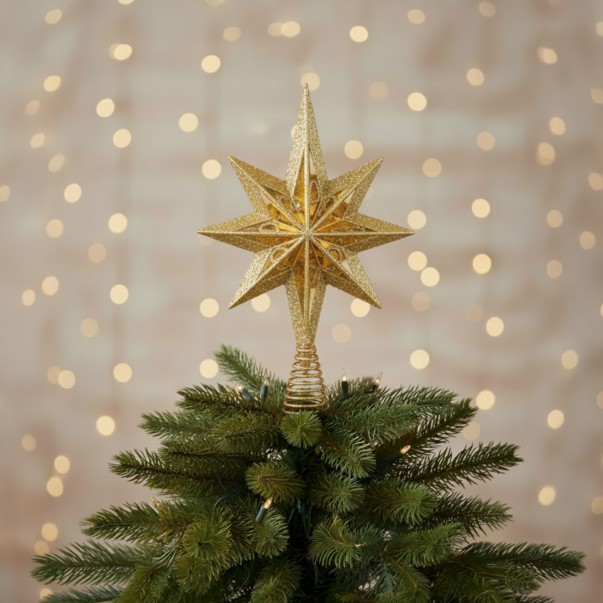 Étoile dorée scintillante sur le dessus d'un sapin de Noël