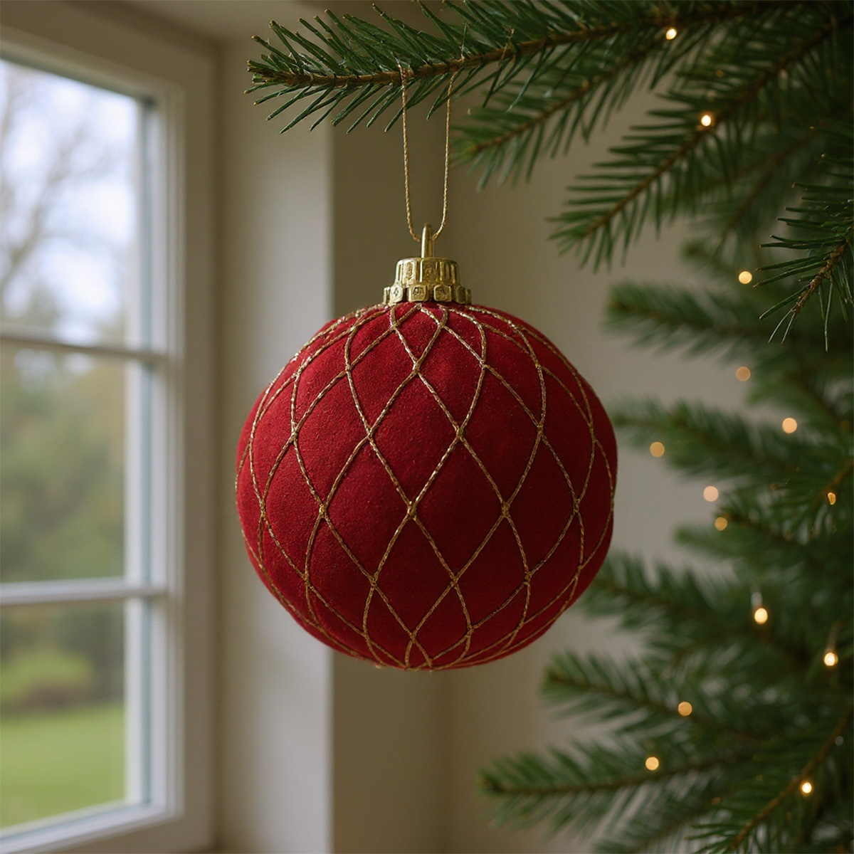 Boule de Noël rouge avec un motif en fil d'or sur une branche de sapin