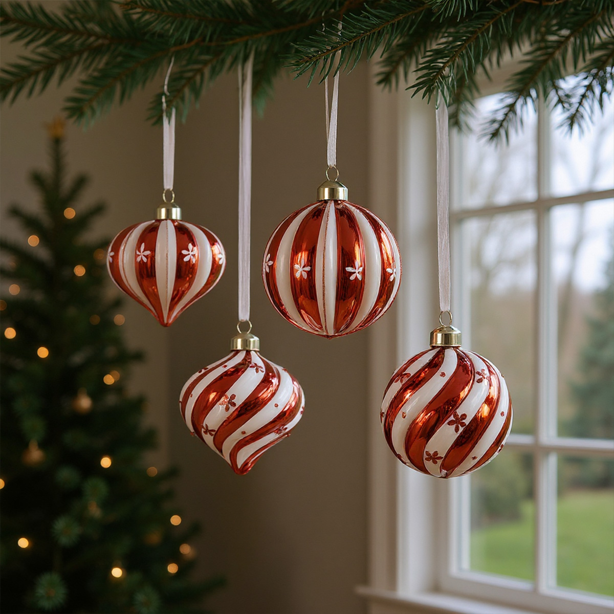 Quatre boules de Noël rayées rouges et blanches suspendues à un sapin