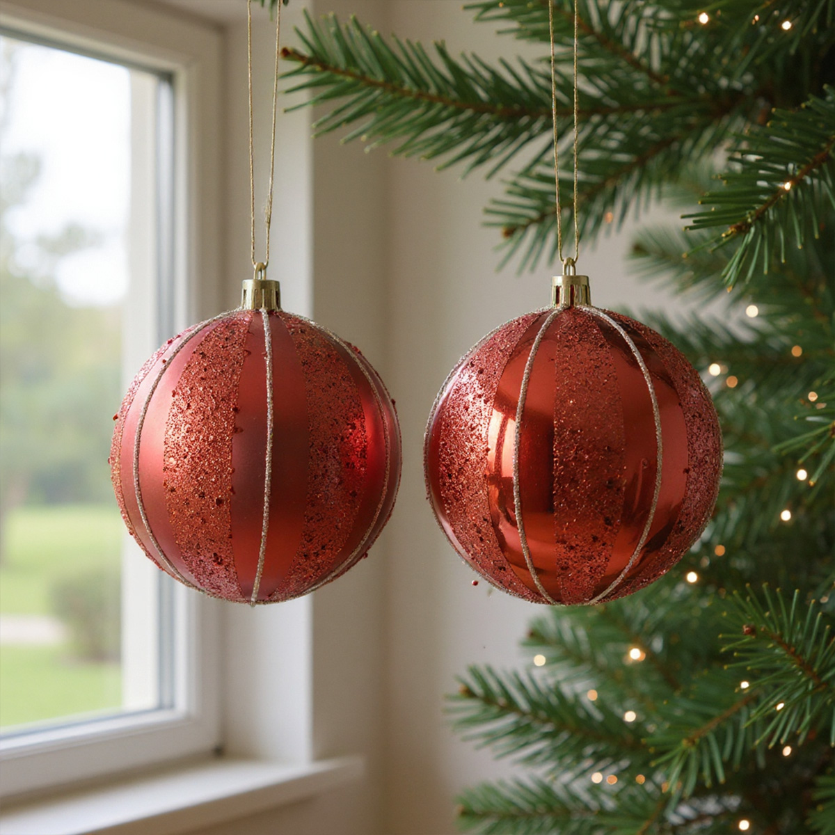 Deux boules de Noël rouges avec des paillettes suspendues à un sapin