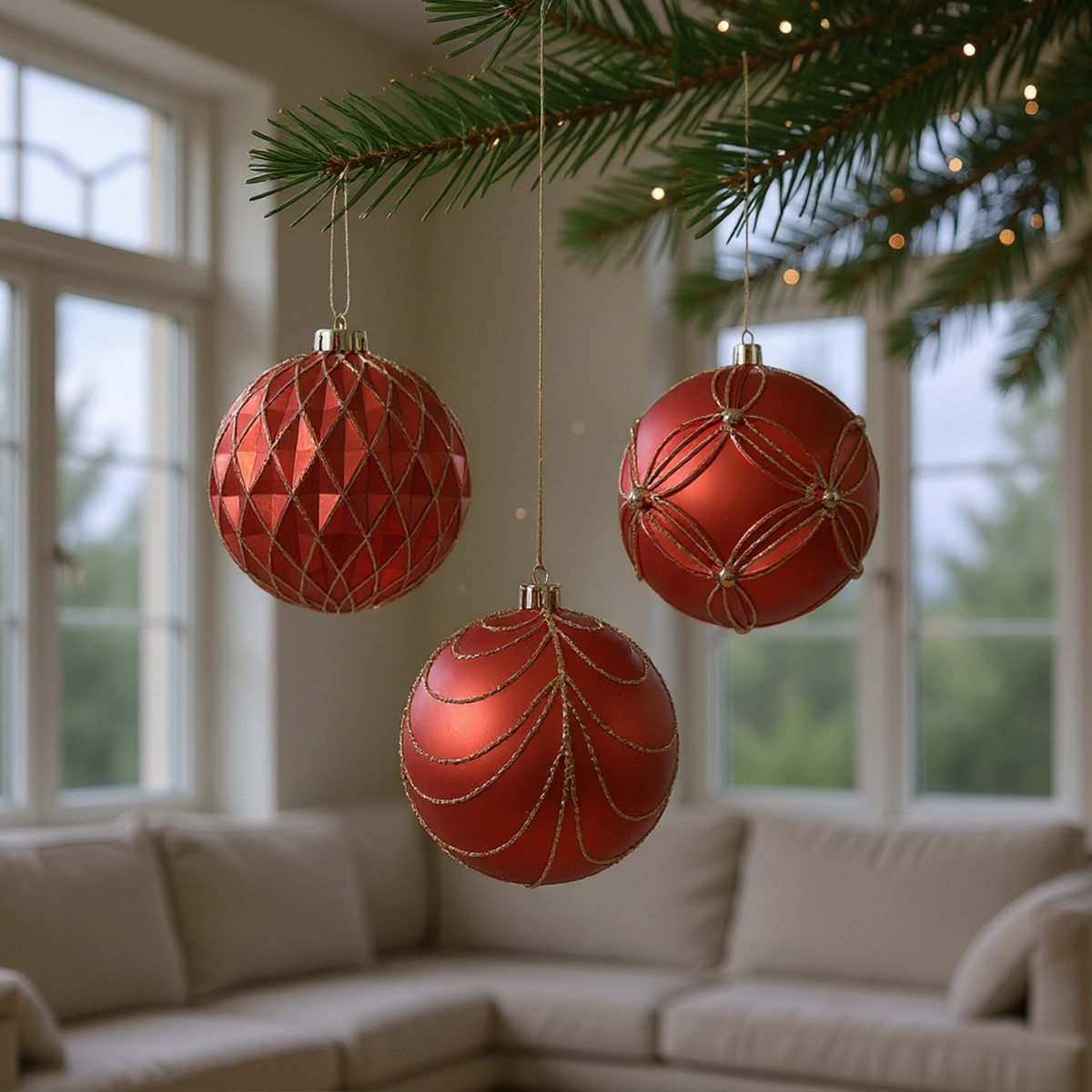 Palline di Natale rosse appese a un ramo di abete con luci soffuse