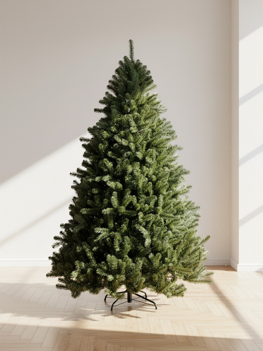 Green Christmas tree on a light wood floor