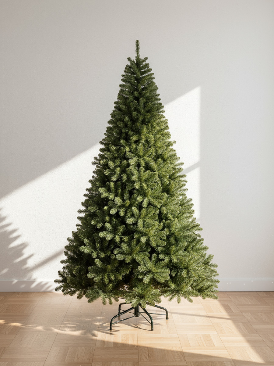 Green Christmas tree on a wooden floor