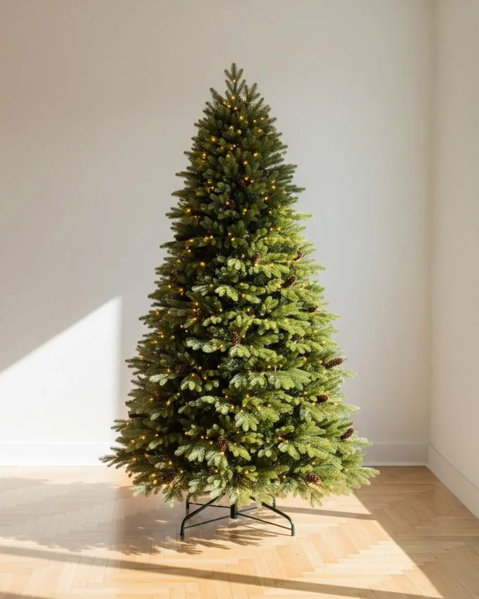 Green Christmas tree decorated with lights and pine cones