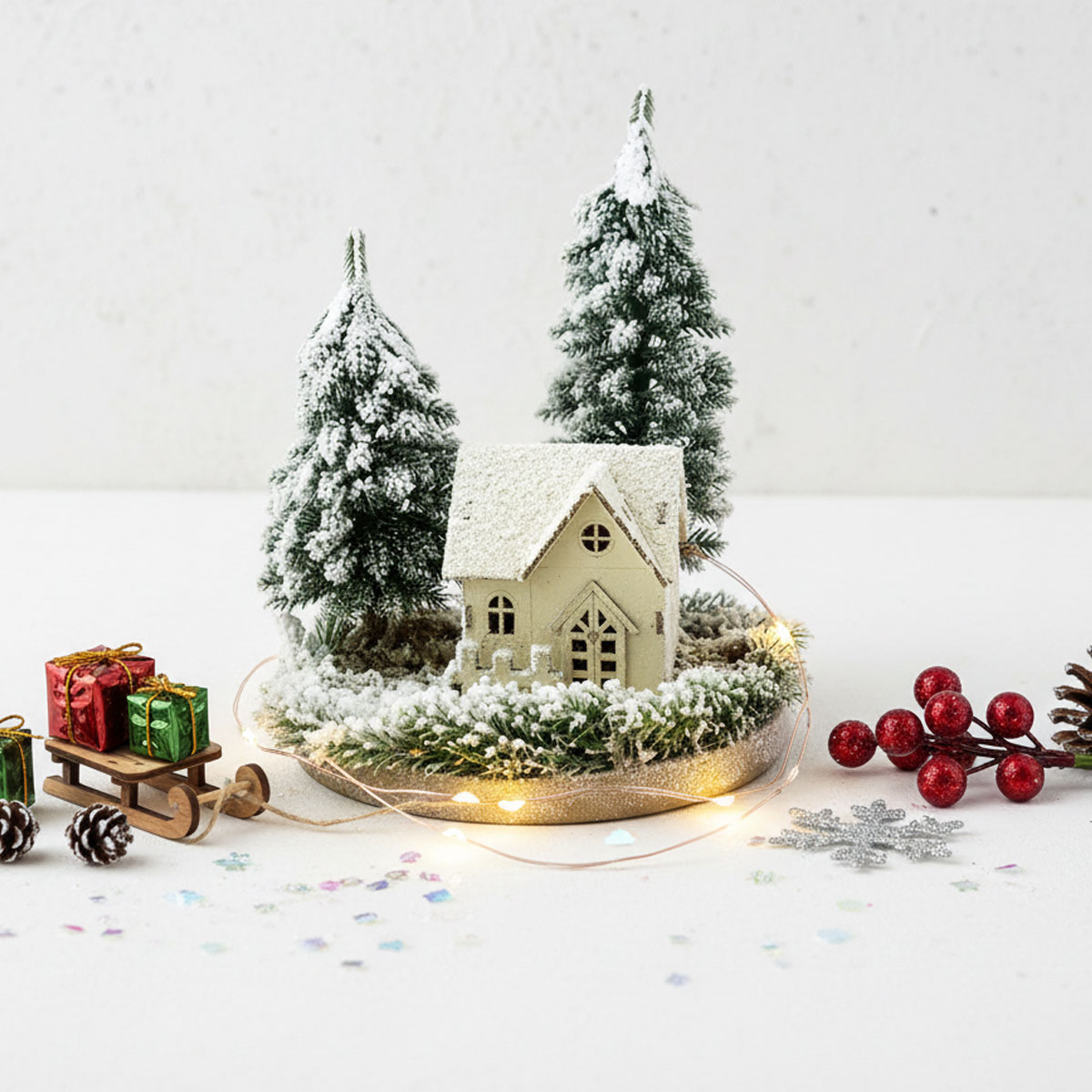 Maison de Noël enneigée avec traîneau et cadeaux