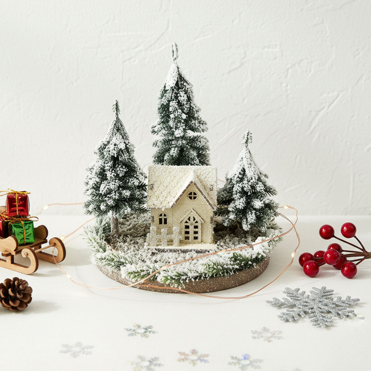 Maison de Noël enneigée avec sapins, traîneau et guirlande lumineuse