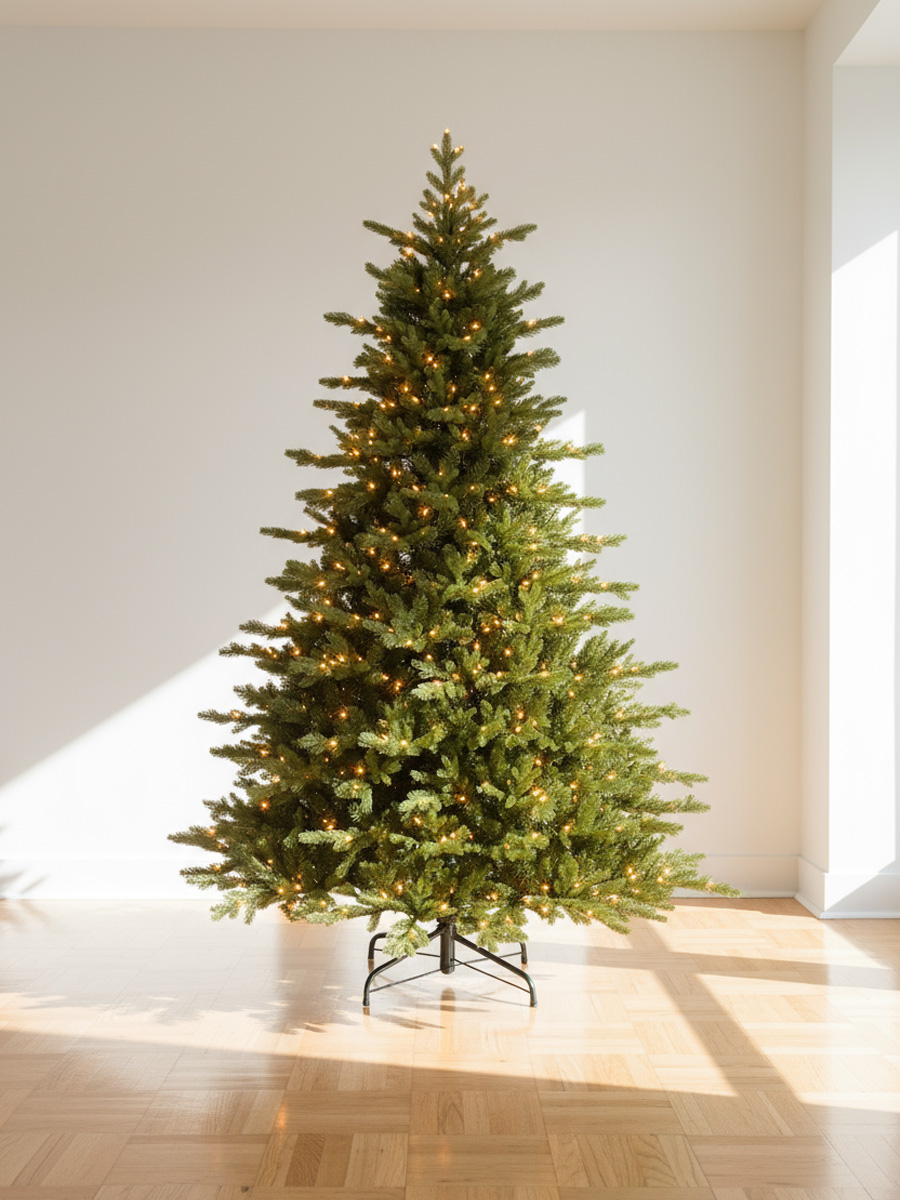 Illuminated green Christmas tree on a wooden floor