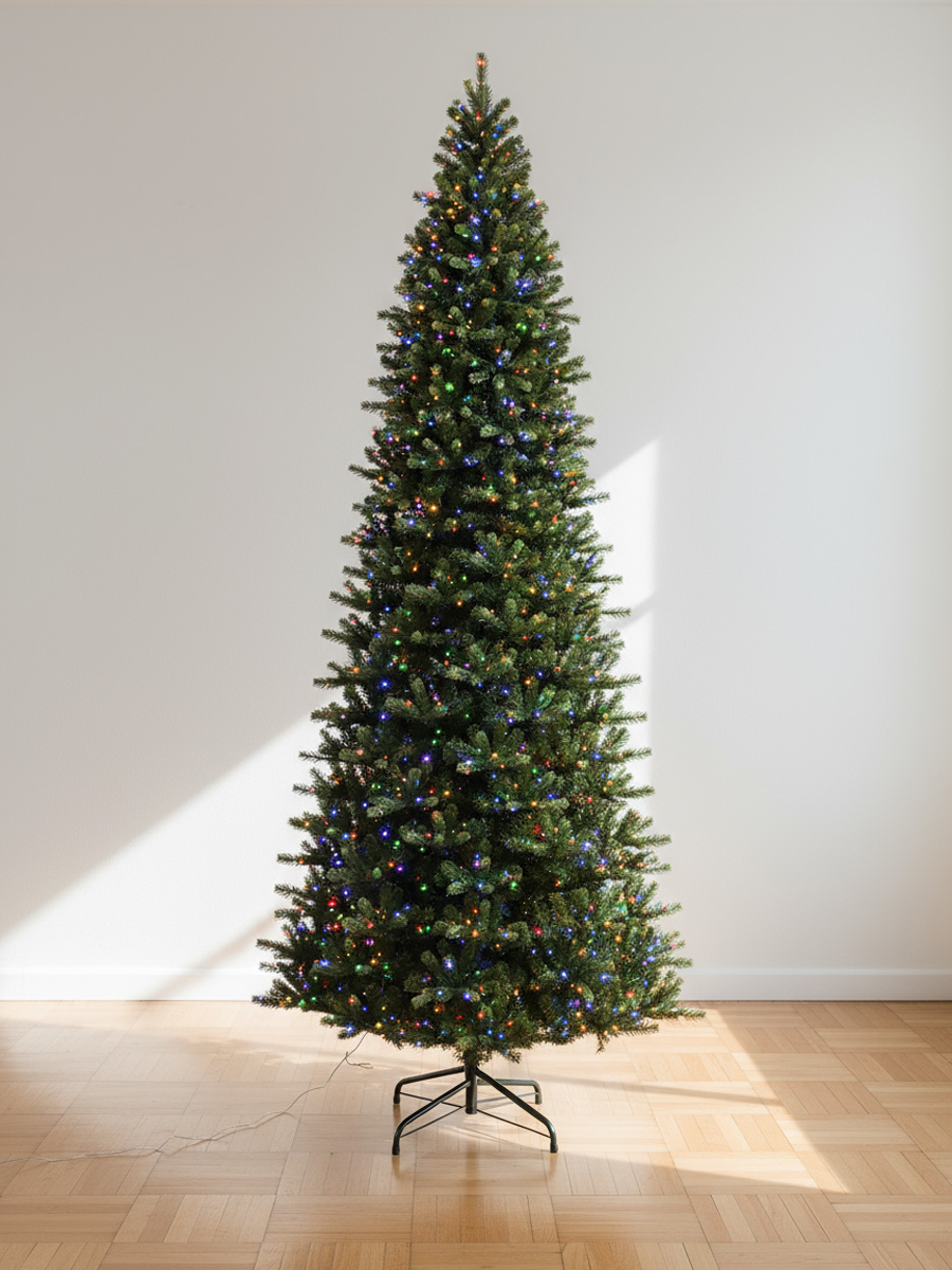 Green Christmas tree decorated with colorful lights