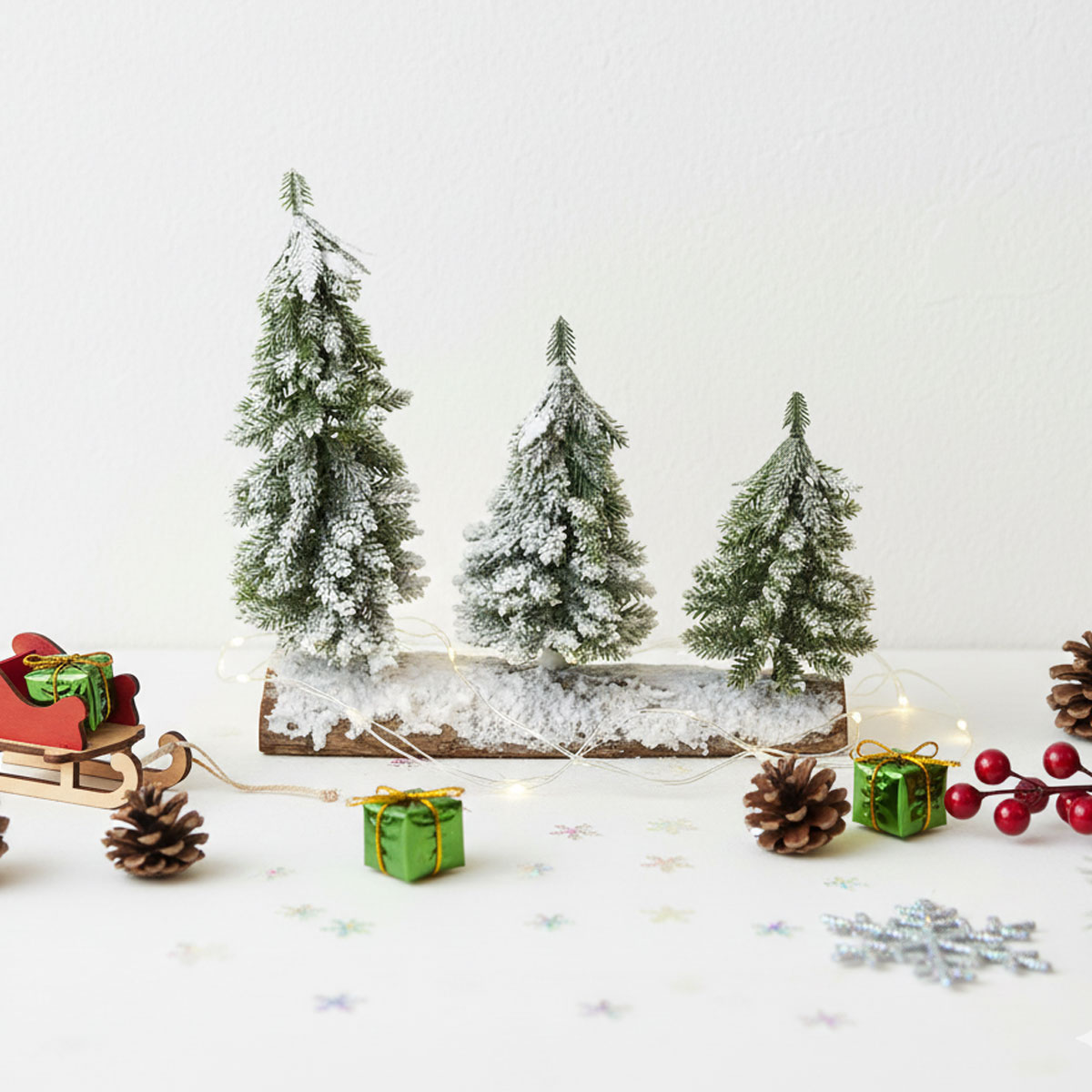 Arbre de Noël enneigé avec traîneau, cadeaux et décorations