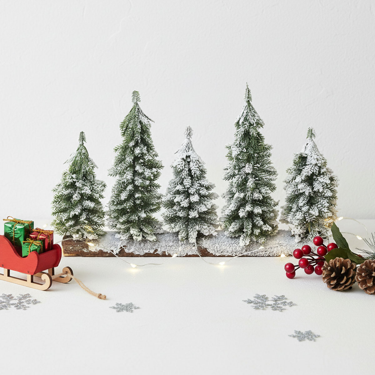 Arbres de Noël enneigés avec traîneau et cadeaux