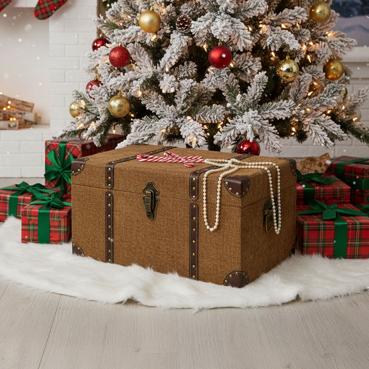 Coffre de Noël avec cadeaux et arbre décoré
