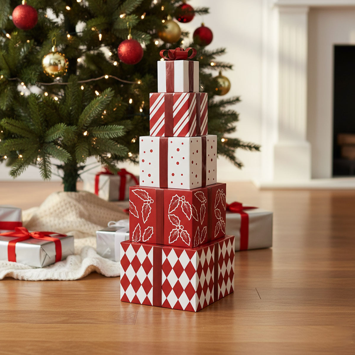Pile de cadeaux de Noël sous un sapin décoré