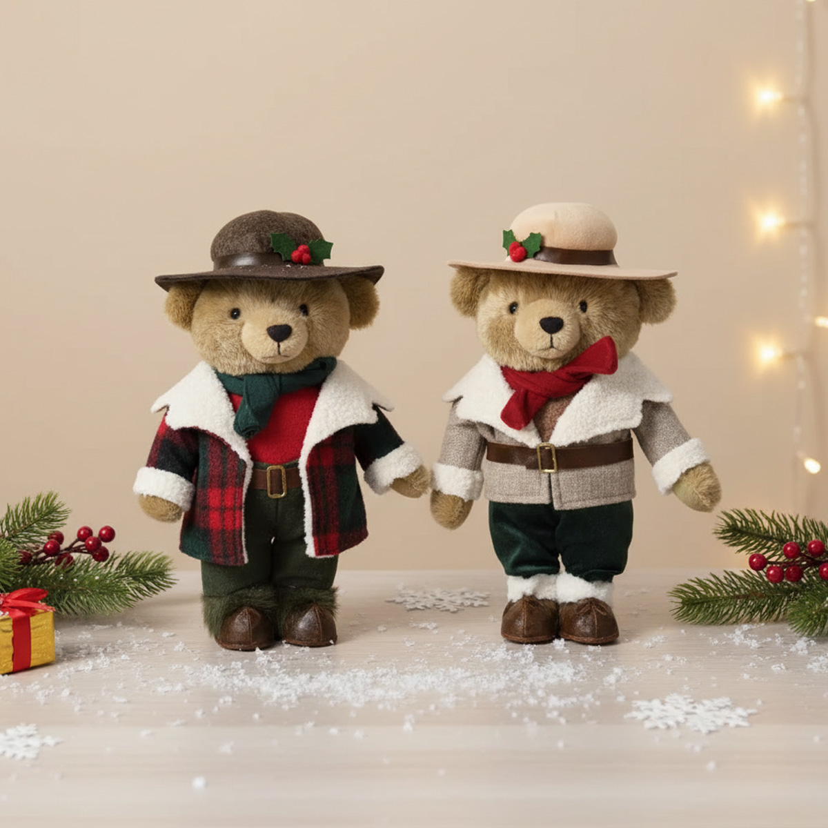 Deux oursons en peluche habillés pour l'hiver avec des chapeaux et des manteaux festifs