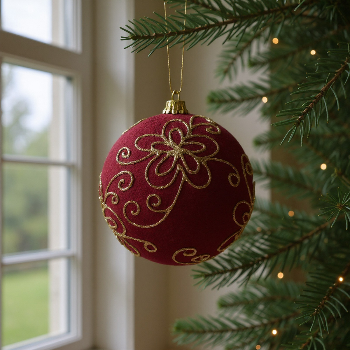 Boule de Noël bordeaux avec des ornements dorés sur un sapin