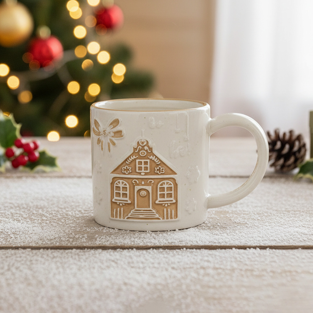 Ceramic mug with gingerbread house design and Christmas decorations