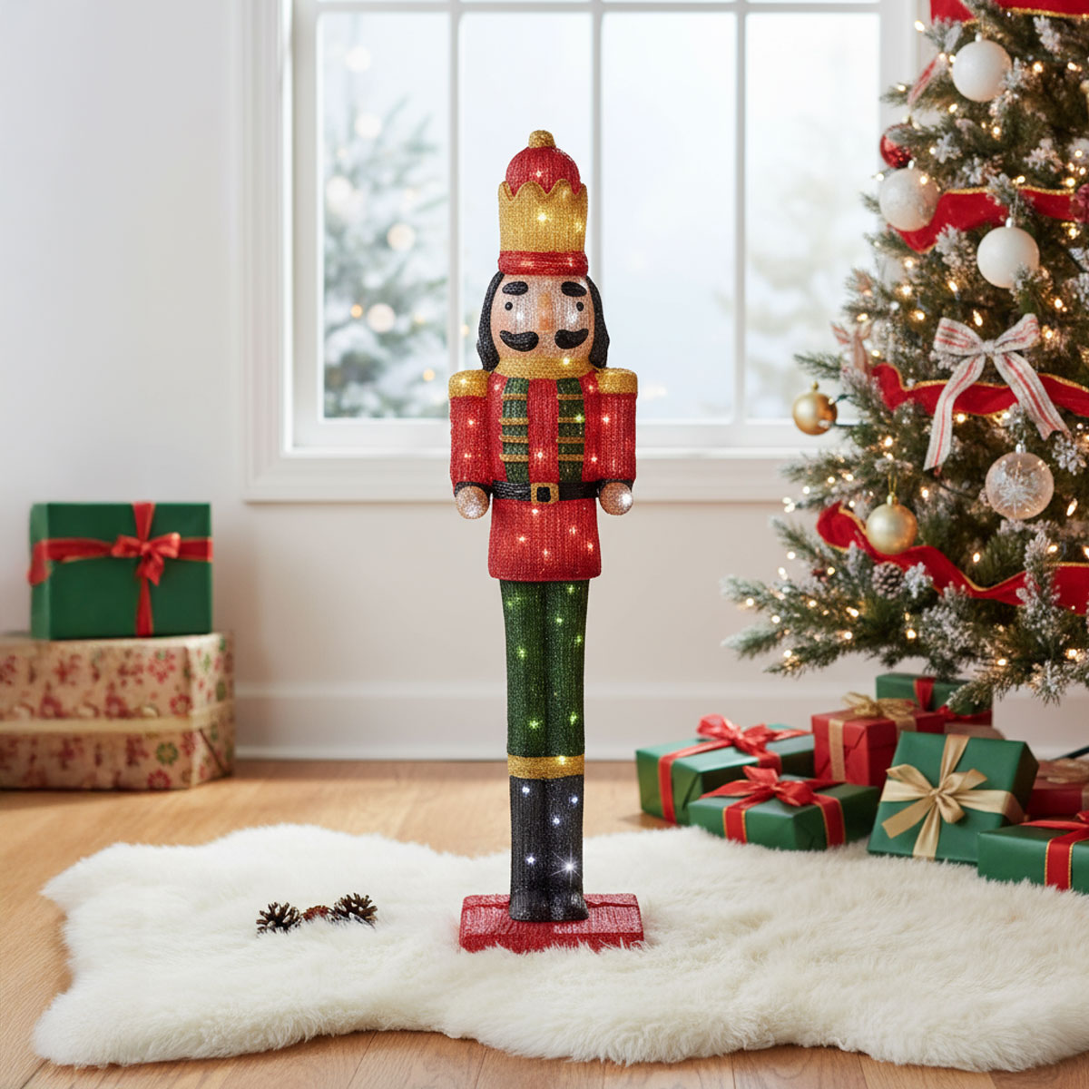 Casse-noisette lumineux de Noël devant un sapin décoré