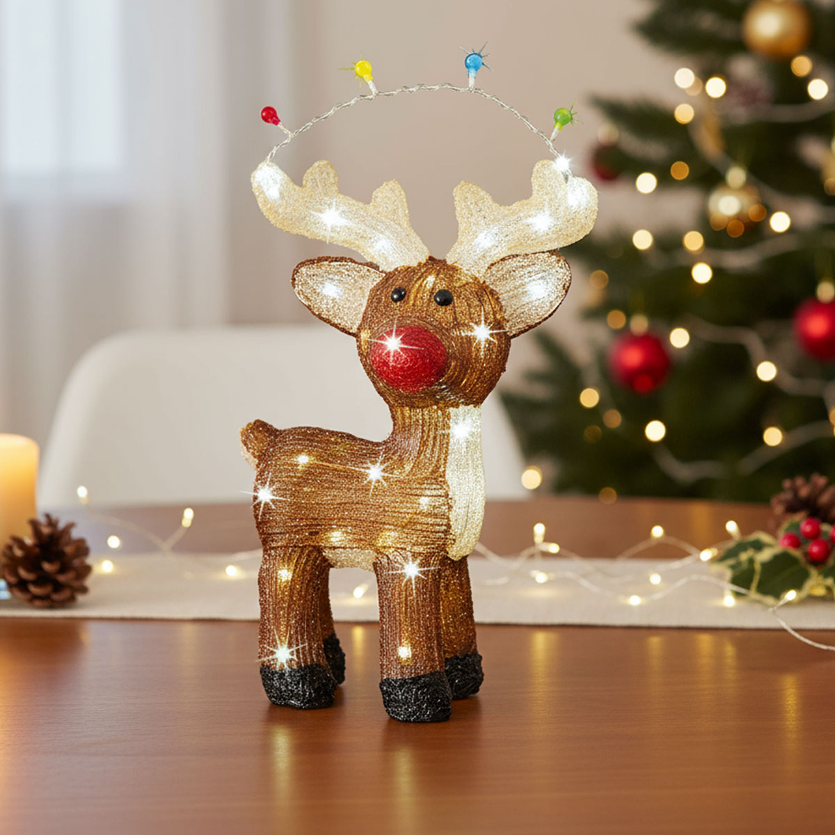 Renard lumineux de Noël avec nez rouge et lumières sur un sapin de Noël