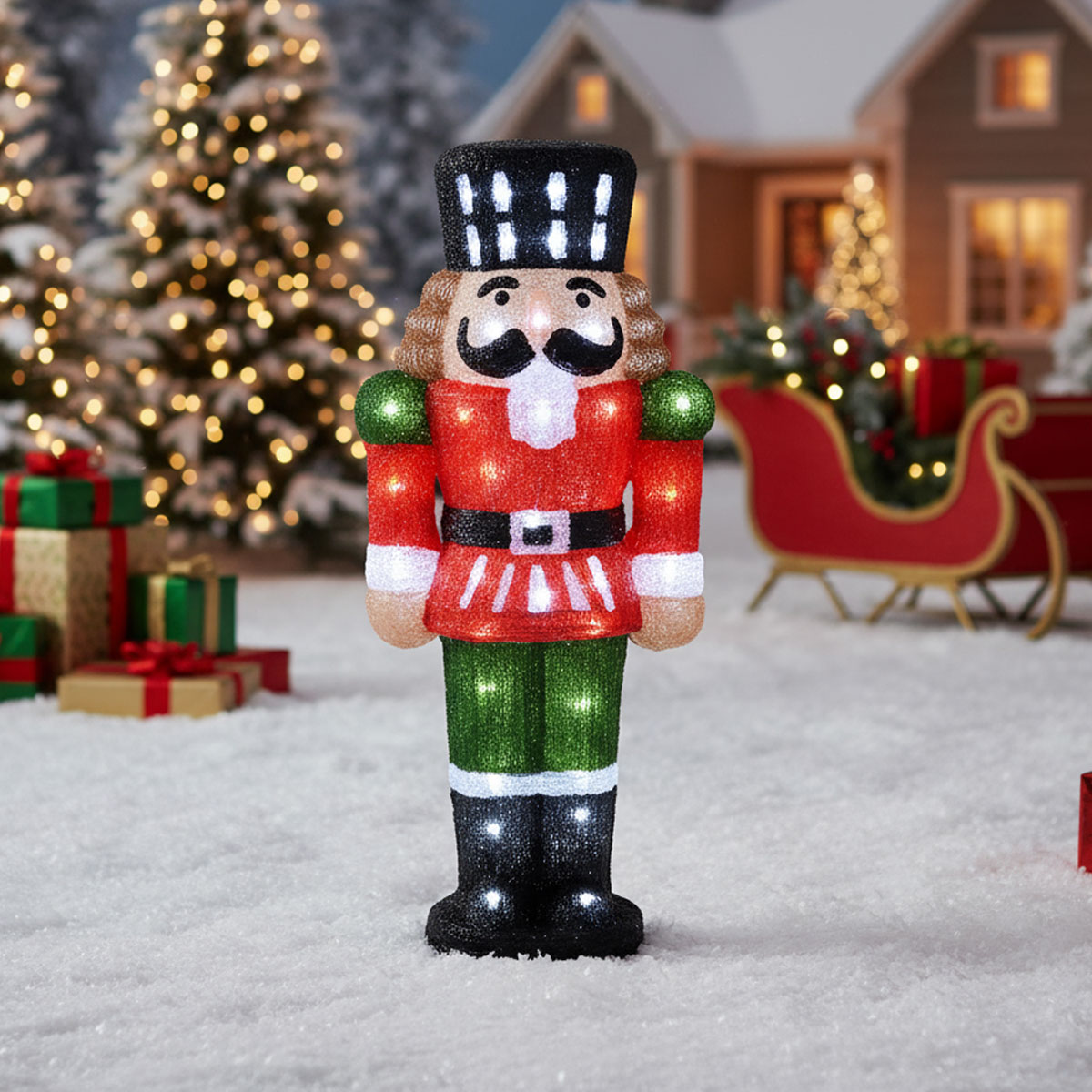 Casque à noix lumineux de Noël devant une maison enneigée