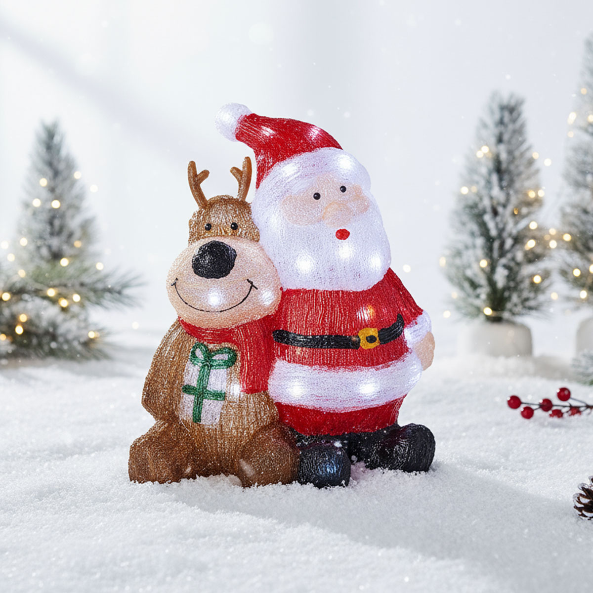 Père Noël et renne lumineux dans la neige