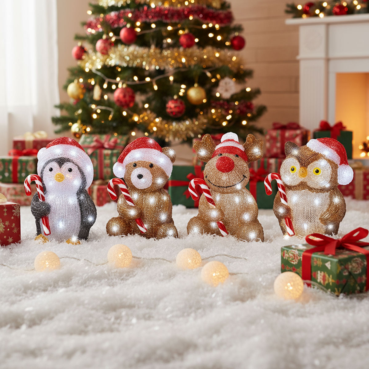 Figurines de Noël lumineuses avec un pingouin, un ours, un renne et un hibou