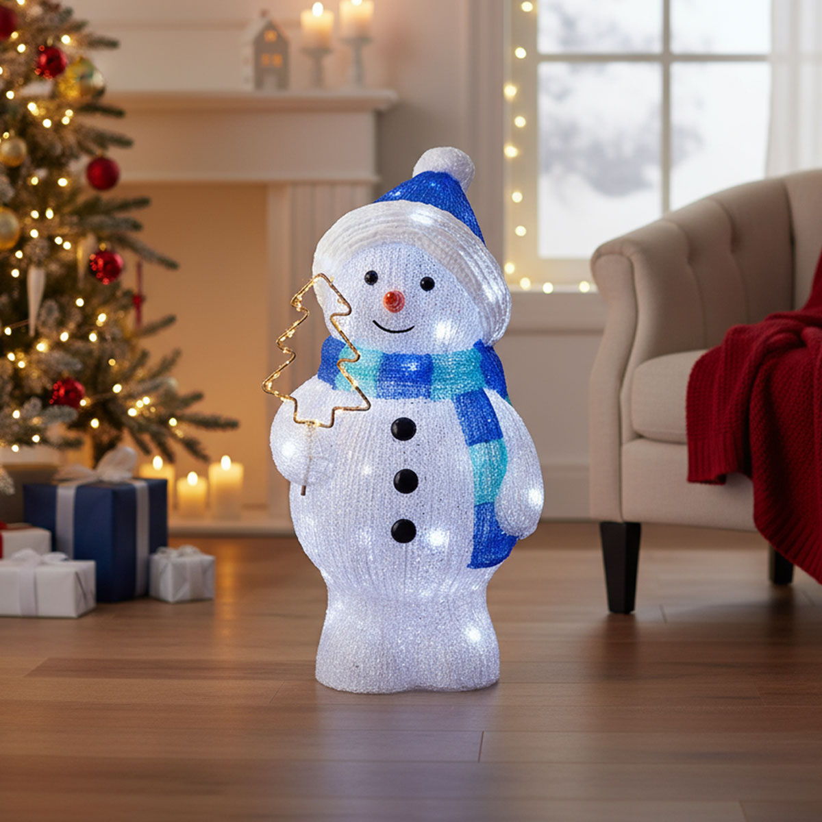 Bonhomme de neige lumineux avec un sapin doré, décorations de Noël