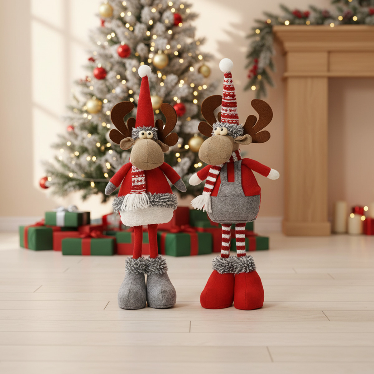 Deux rennes de Noël décoratifs devant un sapin décoré