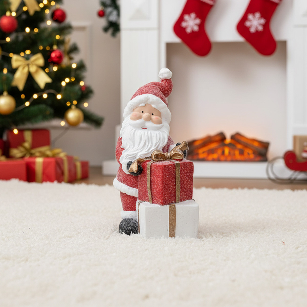 Figurine du Père Noël avec des cadeaux devant un sapin de Noël