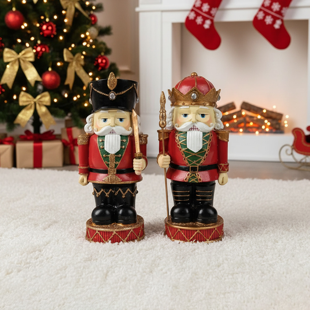 Deux casse-noisettes de Noël en uniforme rouge sur un tapis blanc