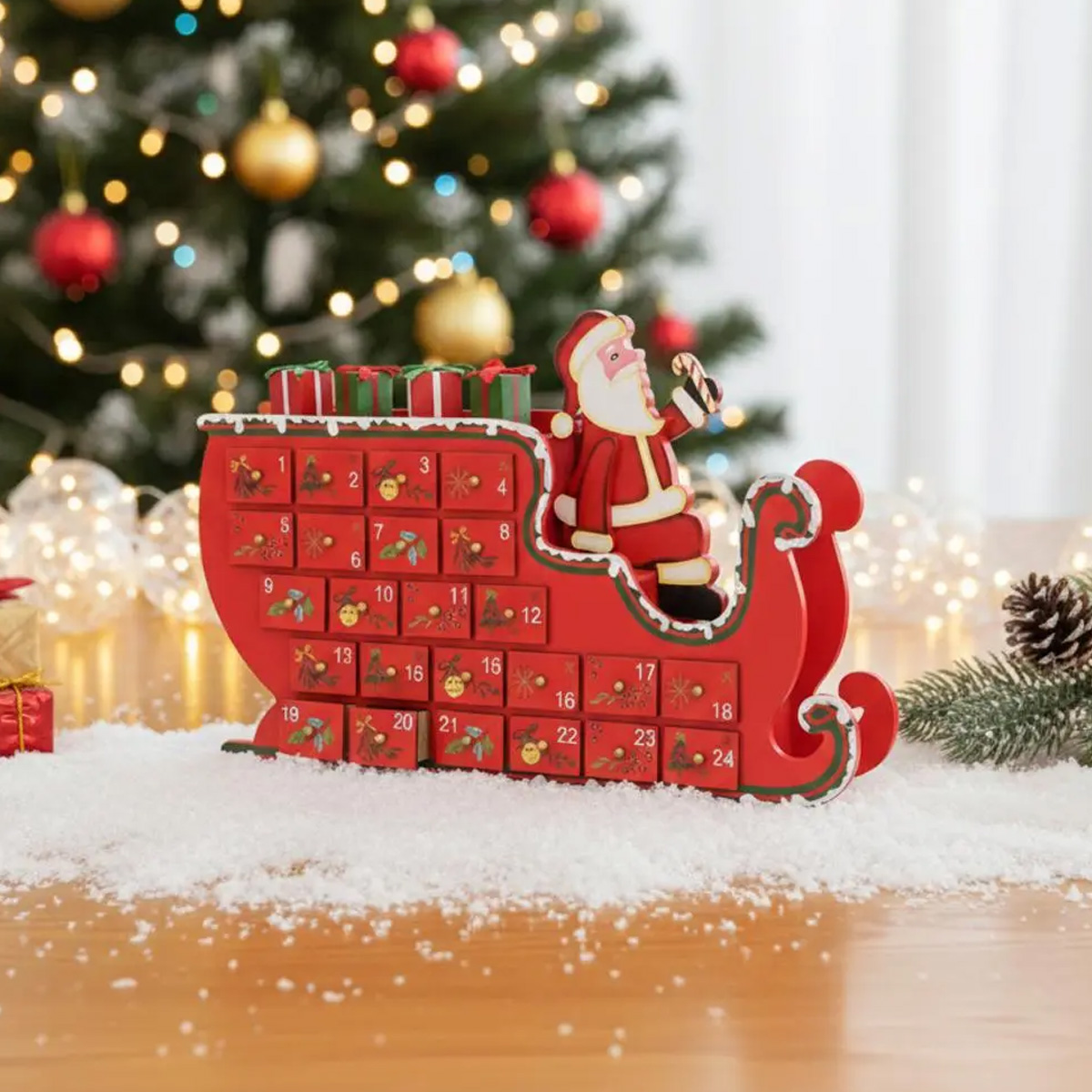 Rode slee-adventskalender met de Kerstman en 24 lades
