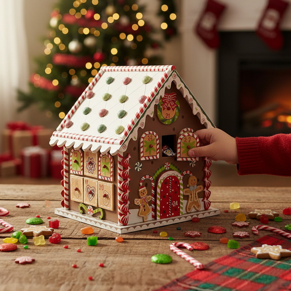 Maison de pain d'épice avec calendrier de l'avent et bonbons