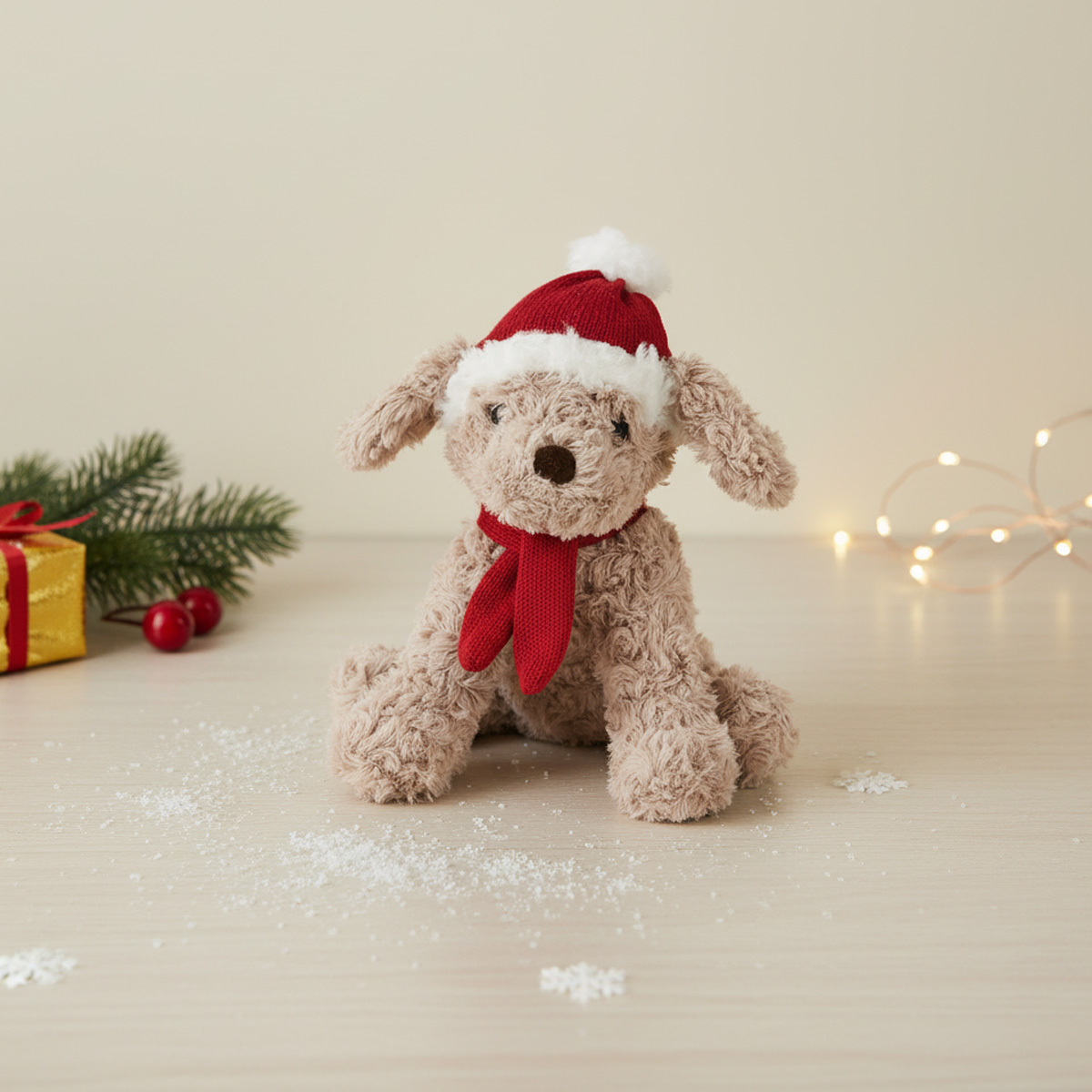 Peluche de chien avec un bonnet de Noël et une écharpe rouge