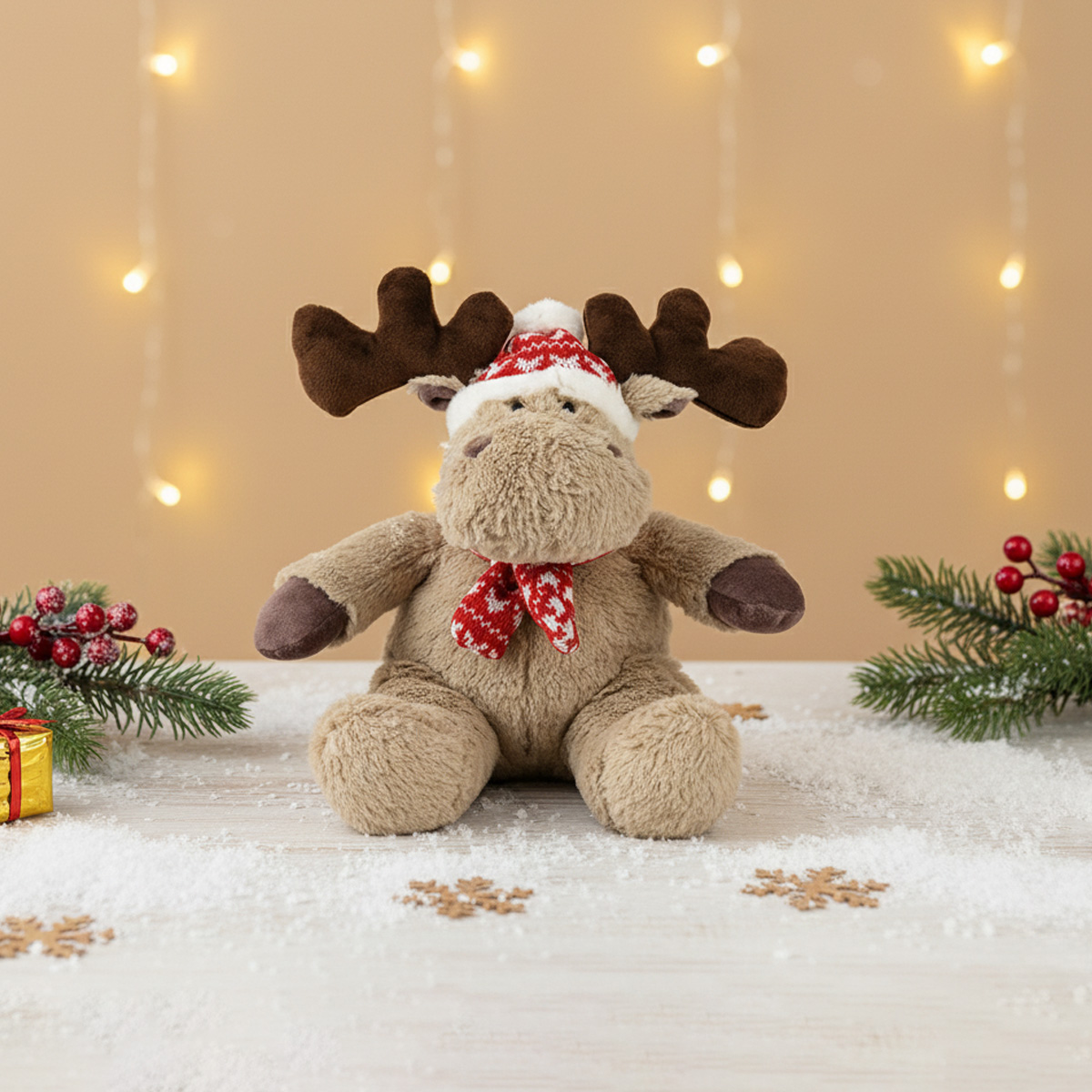 Peluche de renne de Noël avec bonnet et écharpe, décorée de guirlandes lumineuses