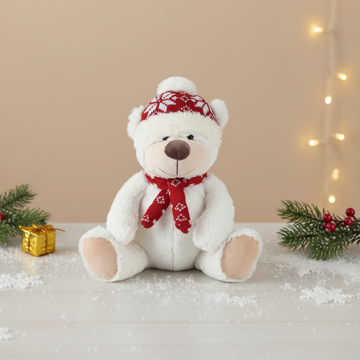 Weißer Teddybär mit roter Weihnachtsmütze und Schal
