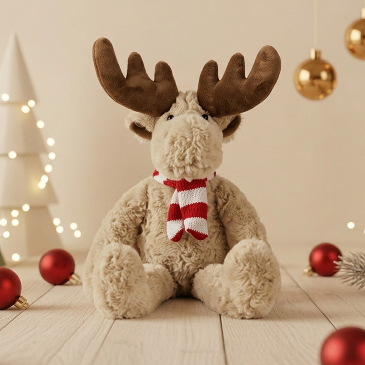 Peluche renne de Noël avec écharpe rayée rouge et blanche