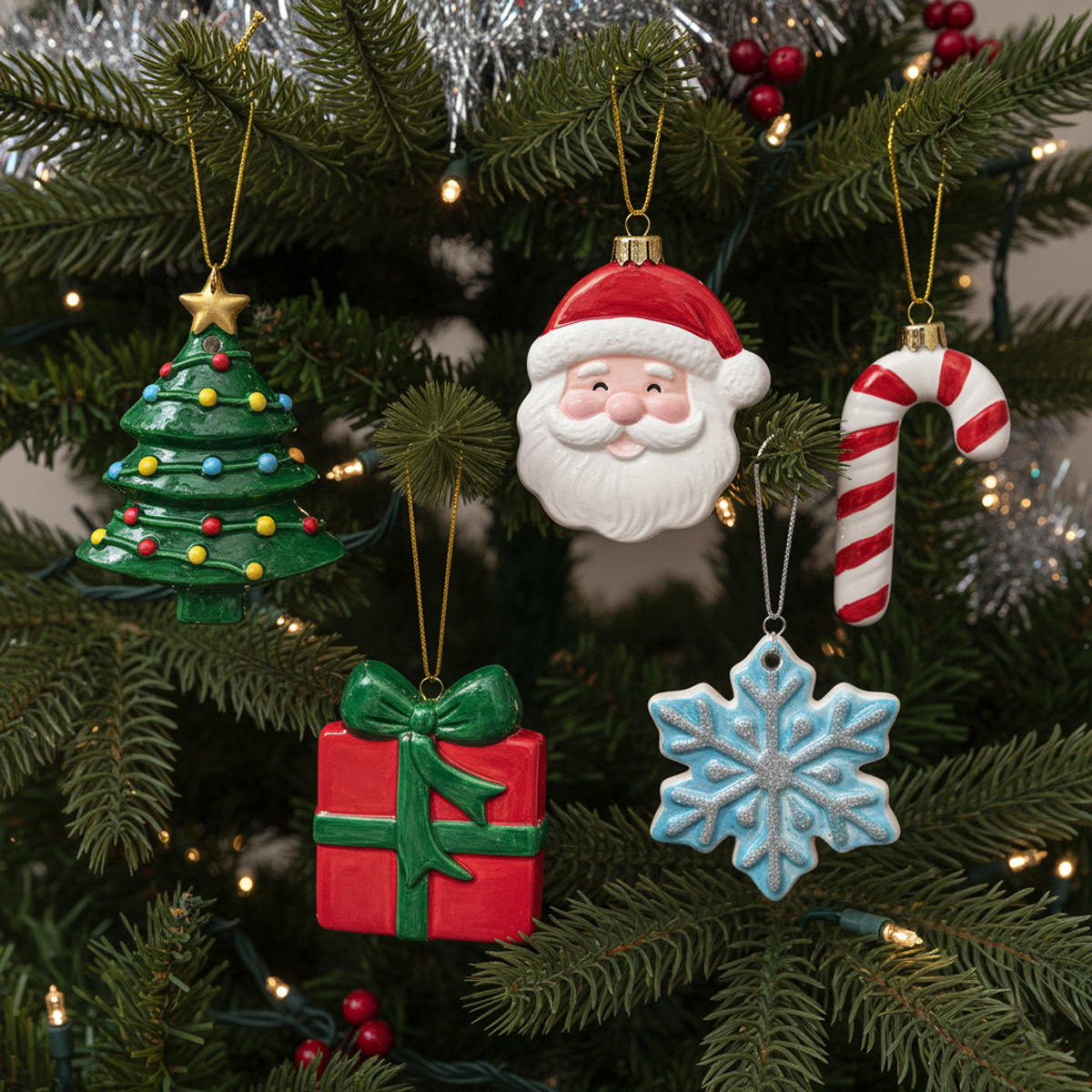 Decorazioni natalizie: albero di Natale, Babbo Natale, bastoncino di zucchero, regalo e fiocco di neve