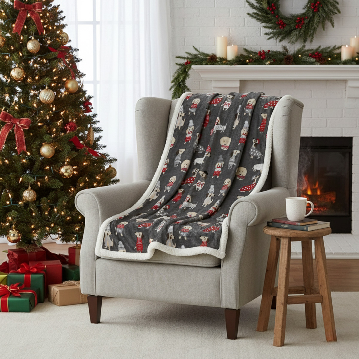 Couverture douillette avec un motif de chiens festifs sur un fauteuil près d'un sapin de Noël