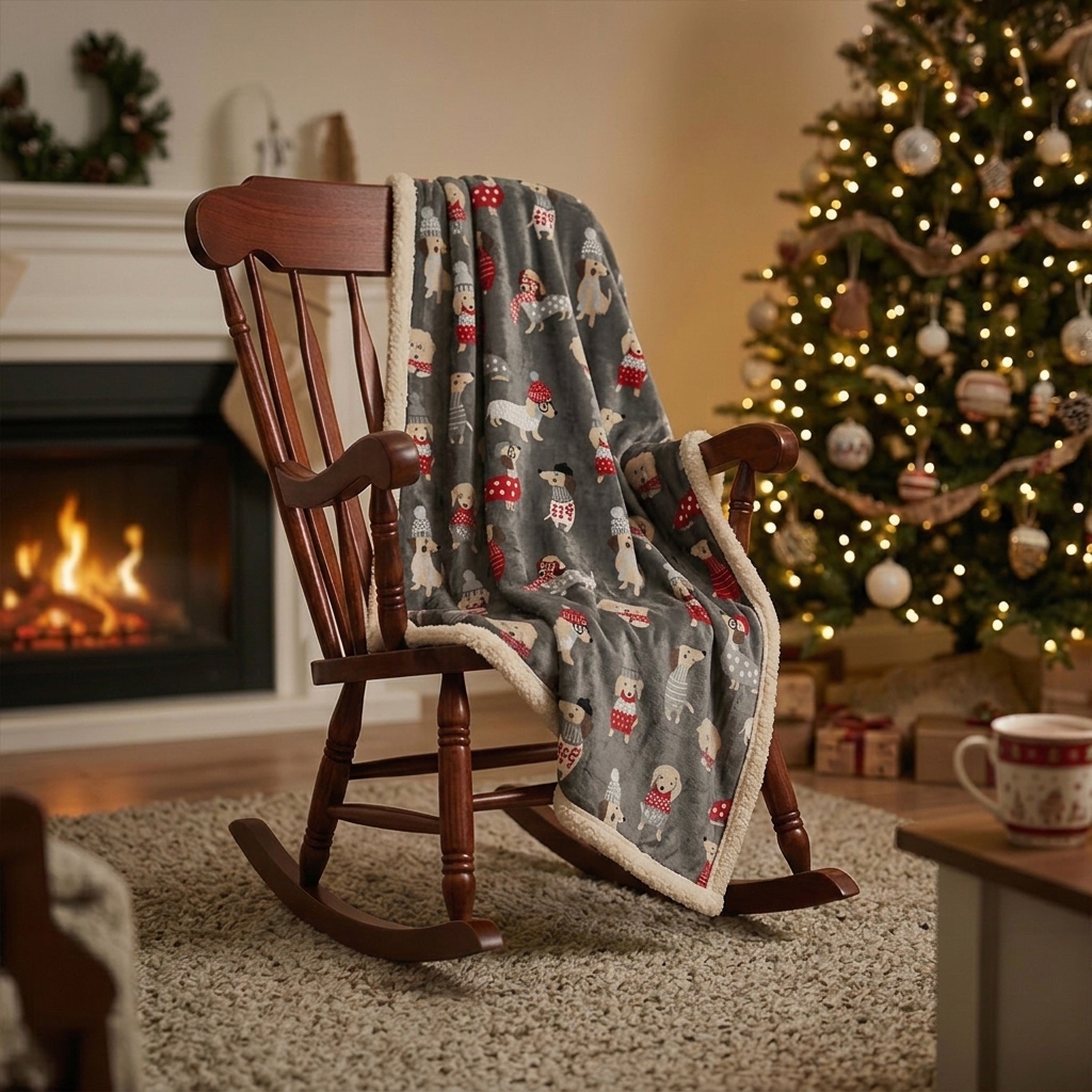 Plaid Simple Gris avec Chiens de Noël et Bordure en Doublure Sherpa