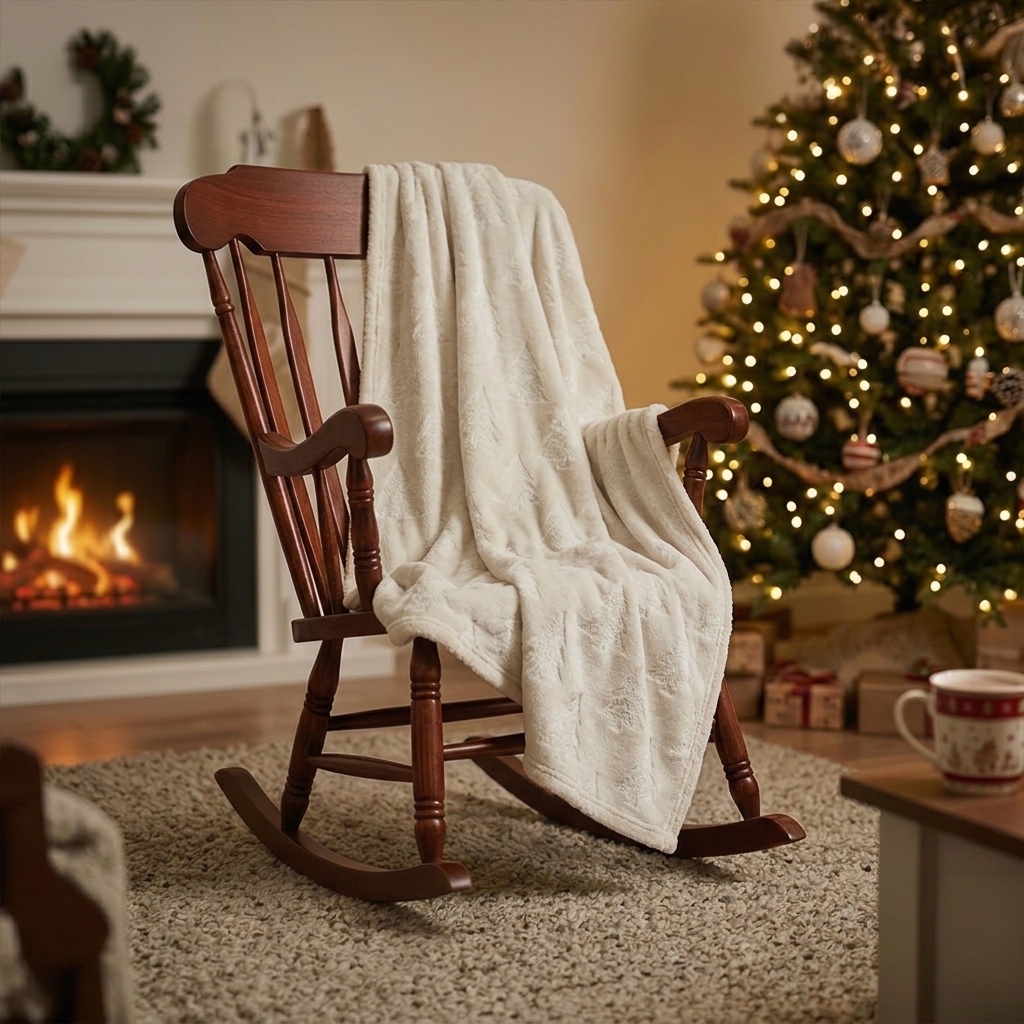 Plaid Beige avec Motifs Sapins et Doublure