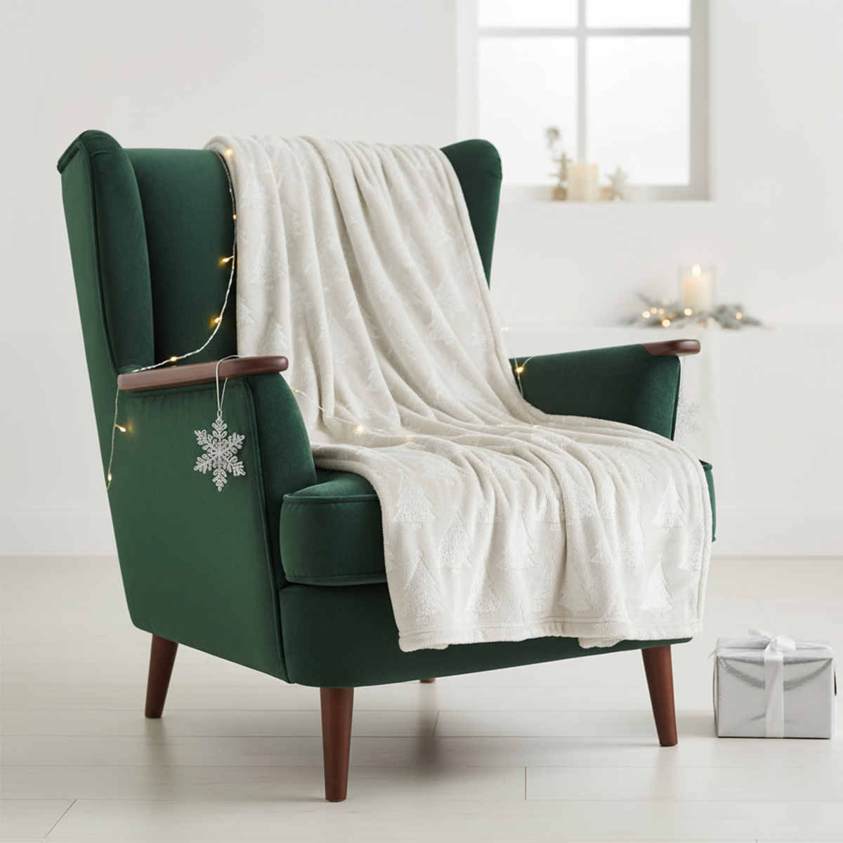 Fauteuil vert avec couverture blanche, guirlande lumineuse et flocon