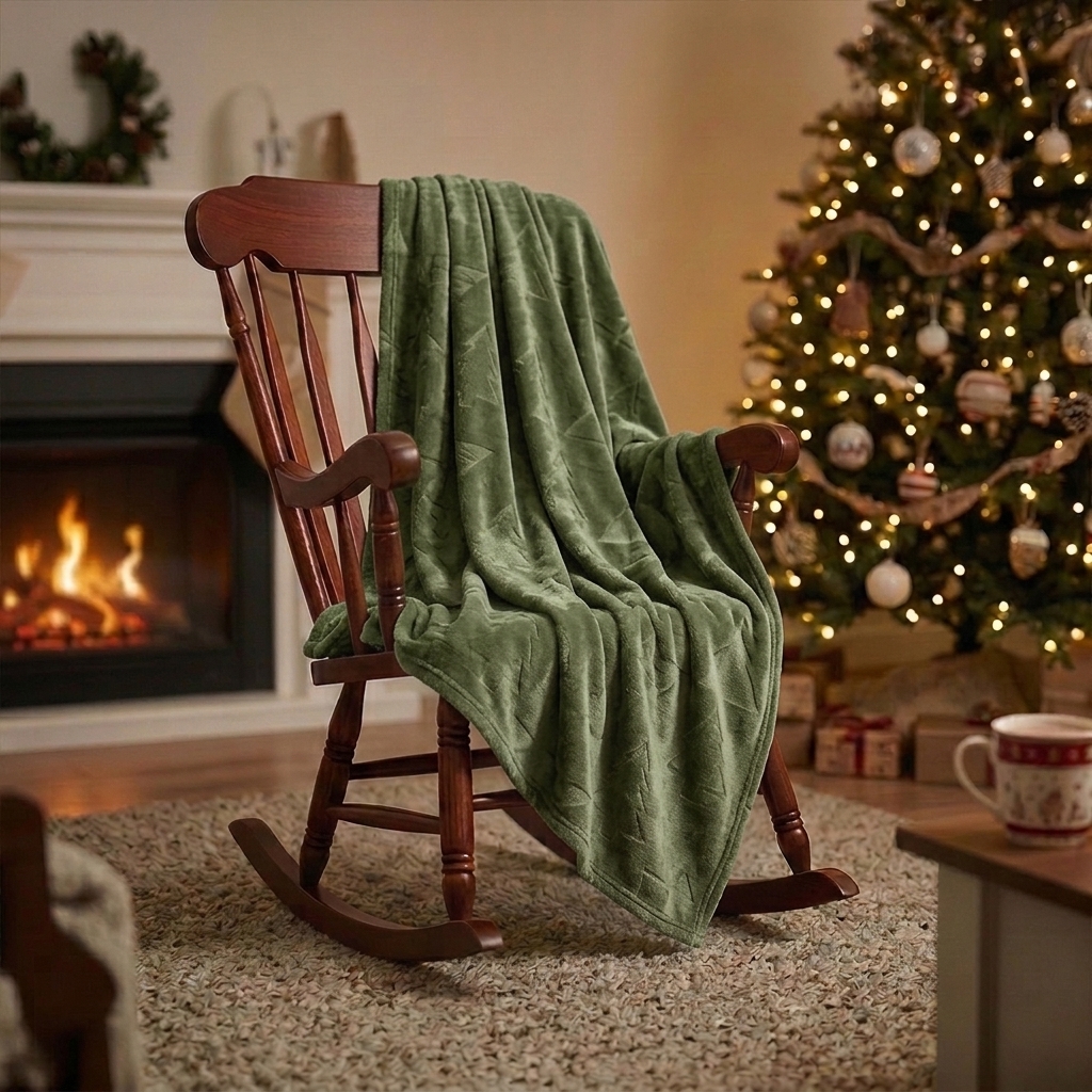 Plaid Vert avec Motifs Sapins et Doublure