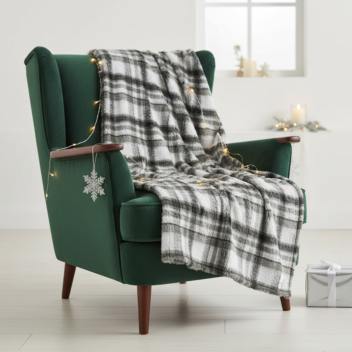 Fauteuil vert avec plaid à carreaux et guirlande lumineuse