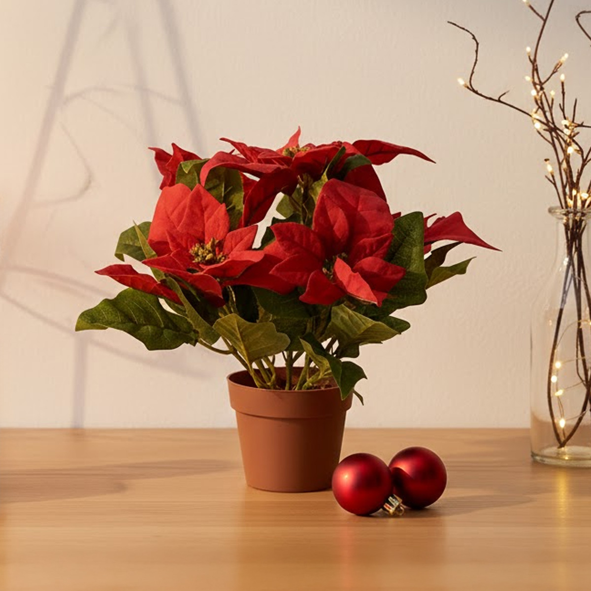 Poinsettia rouge en pot avec des boules de Noël rouges et des guirlandes lumineuses