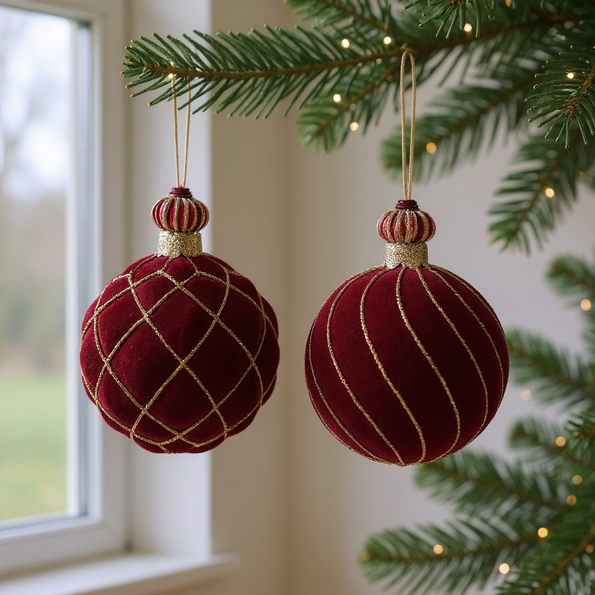 Boules de Noël en velours bordeaux avec garniture dorée sur un sapin
