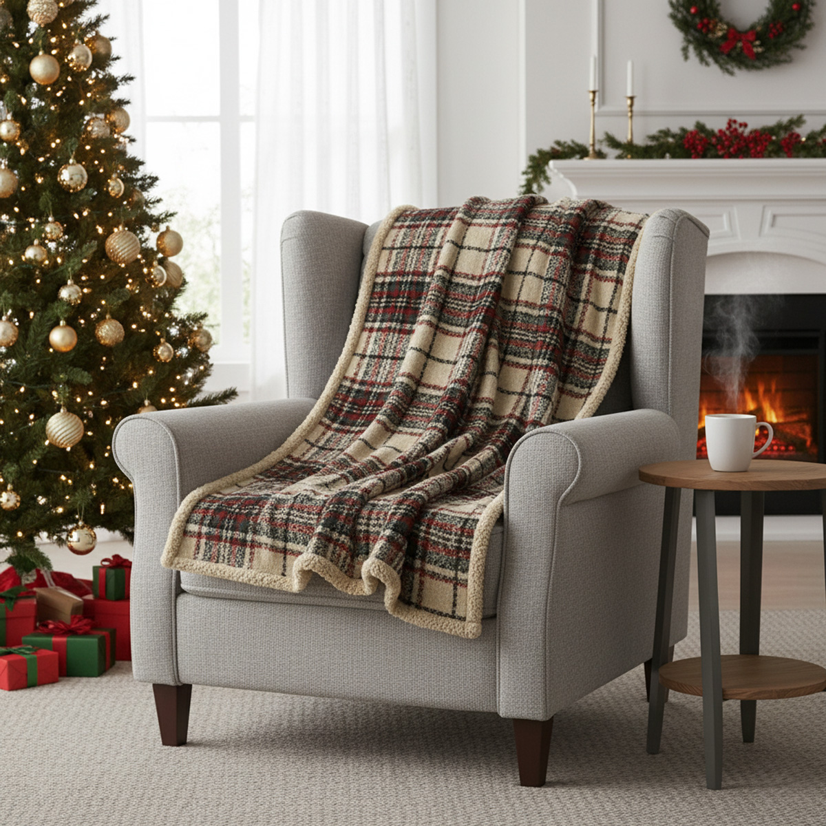 Fauteuil gris avec couverture à carreaux près d'un sapin de Noël
