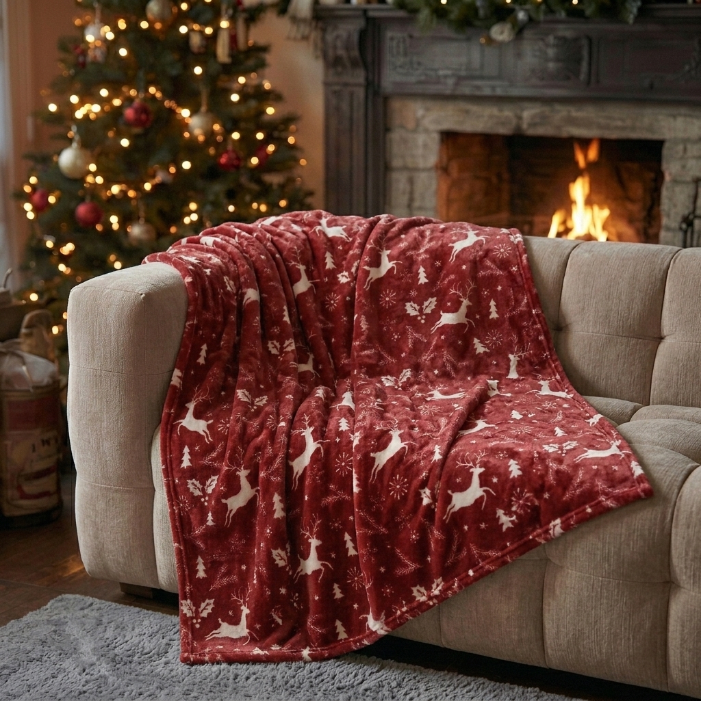 Plaid Simple Rouge avec Rennes et Feuilles de Houx